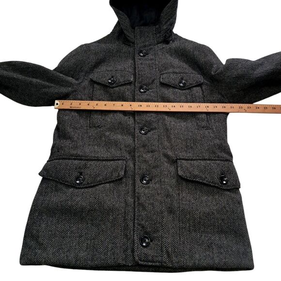 Zara Man Coat Men's Large Gray Herringbone Wool Blend Hooded Heavy Classic - Picture 12 of 12